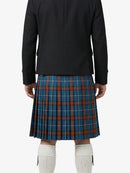 Person wearing a black jacket and blue plaid kilt on a white background