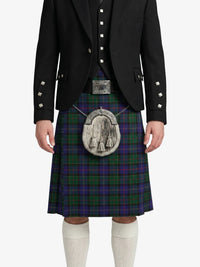Person wearing a black jacket and tartan kilt with a silver sporran on a white background