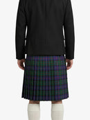 Person wearing a black jacket and plaid kilt on a white background