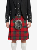 Person wearing a black jacket and red plaid kilt with a silver sporran on a white background