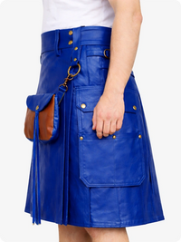 Kilt in pelle blu reale con sporran frontale