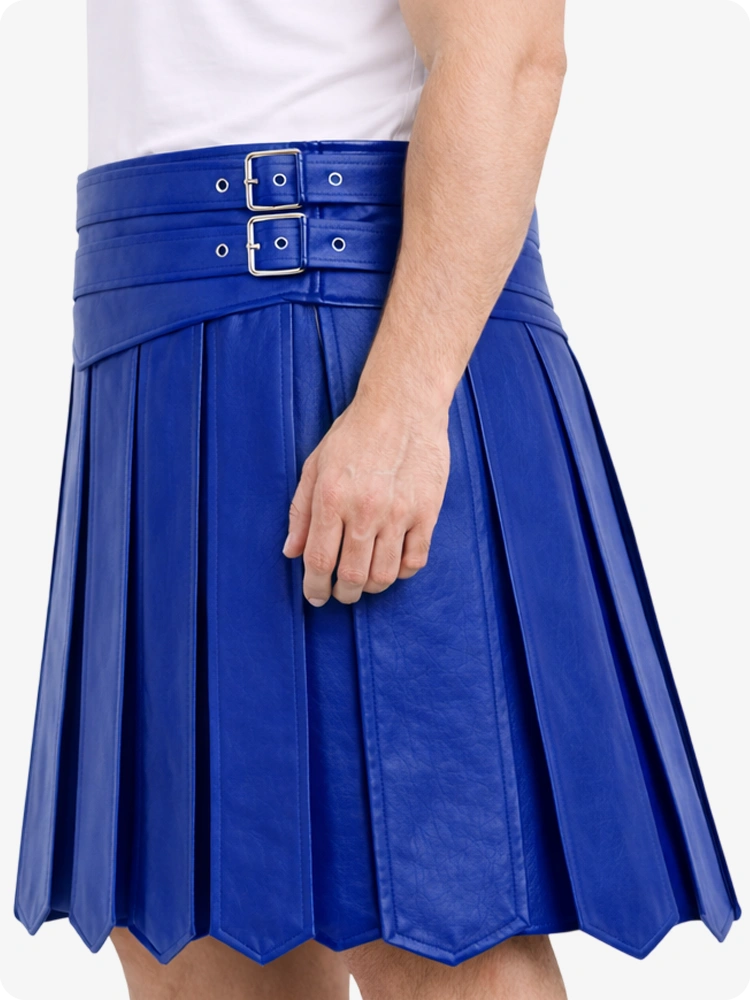 Royal Blue pleated skirt with a belt on a white background
