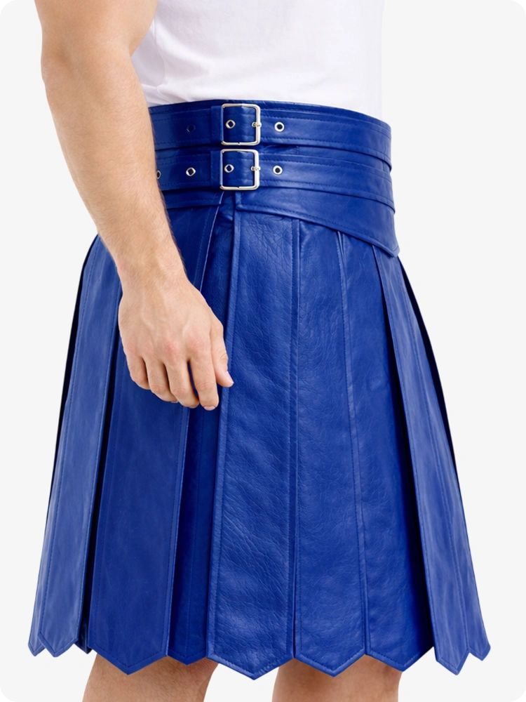 Royal Blue leather skirt with a belt on a white background
