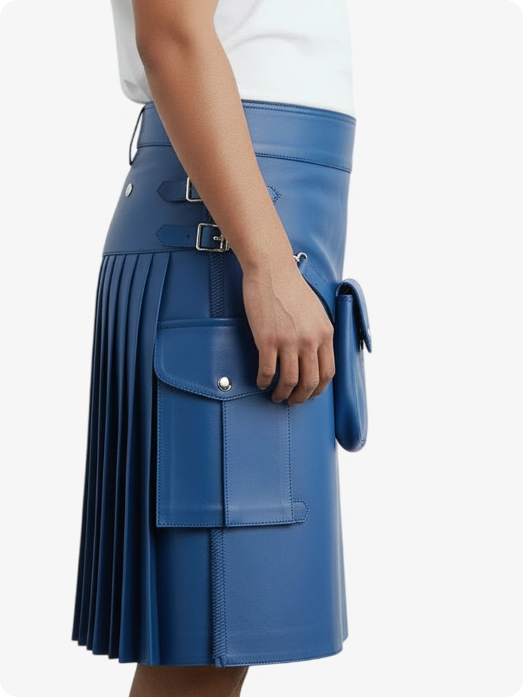 Kilt in pelle pieghettato blu reale con passanti cintura e cinghie laterali
