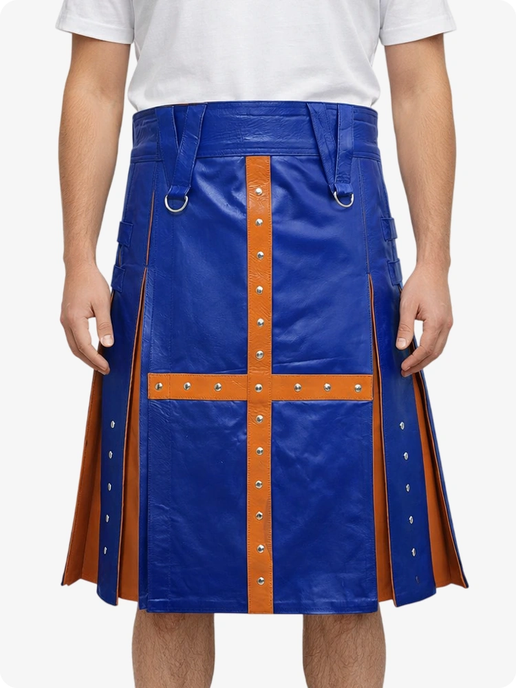 Royal Blue kilt with Brown accents worn by a person on a white background
