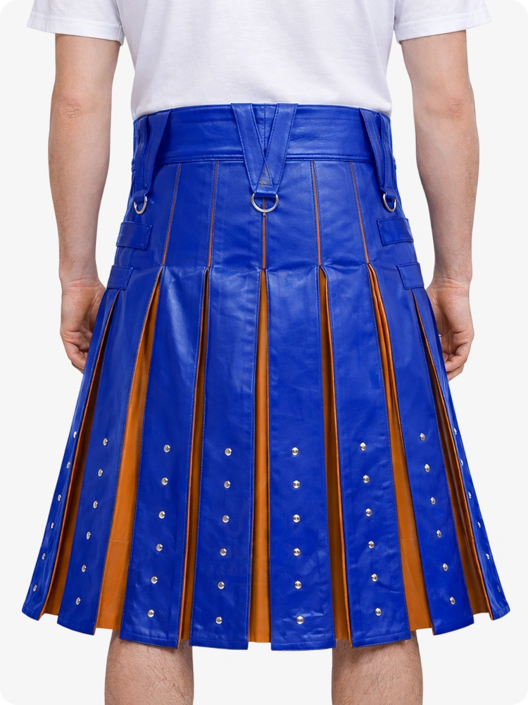 Royal Blue pleated skirt with brown accents worn by a person on a white background