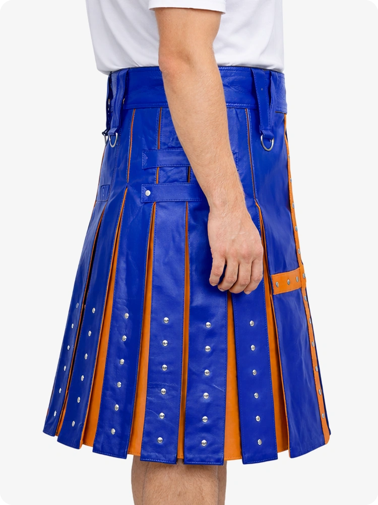 Royal Blue and Brown kilt worn by a person on a white background
