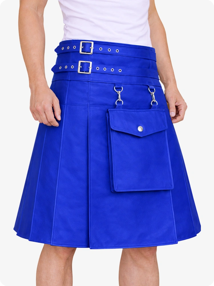 Kilt utility in pelle blu reale con tasca frontale e cinghie regolabili con fibbia