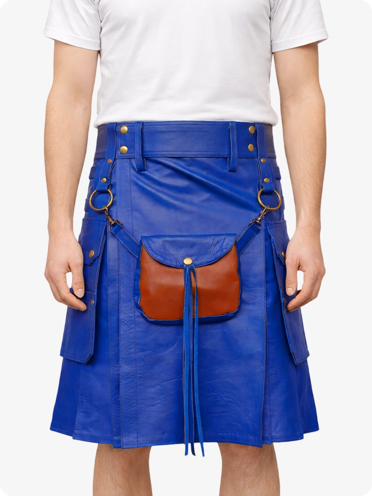 Royal Blue Leather Utility Kilt with Front Sporran