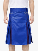 Royal Blue Leather Utility Kilt with Purple Pleats, Side Pockets & D-Ring Hardware