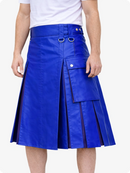 Royal Blue leather skirt worn by a person on a white background
