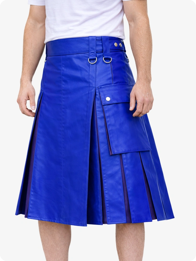 Royal Blue leather skirt worn by a person on a white background