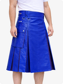 Royal Blue leather skirt worn by a person on a white background