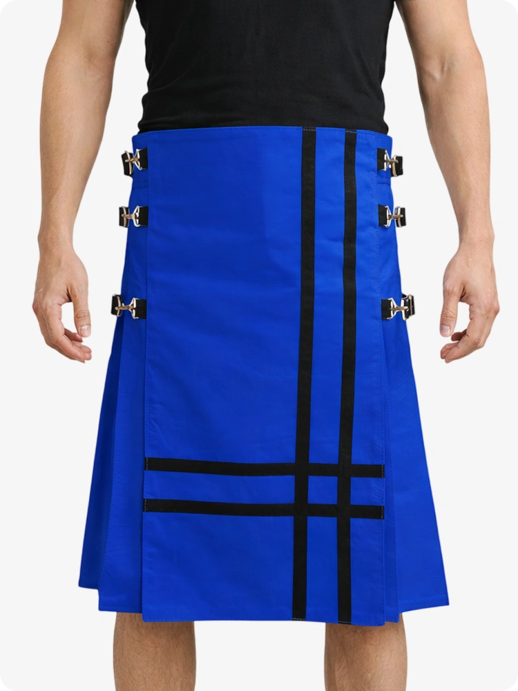 Royal Blue Leather Utility Kilt with Side Buckles & Pleated Back