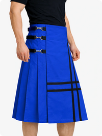 Royal Blue skirt with black accents worn by a person on a white background