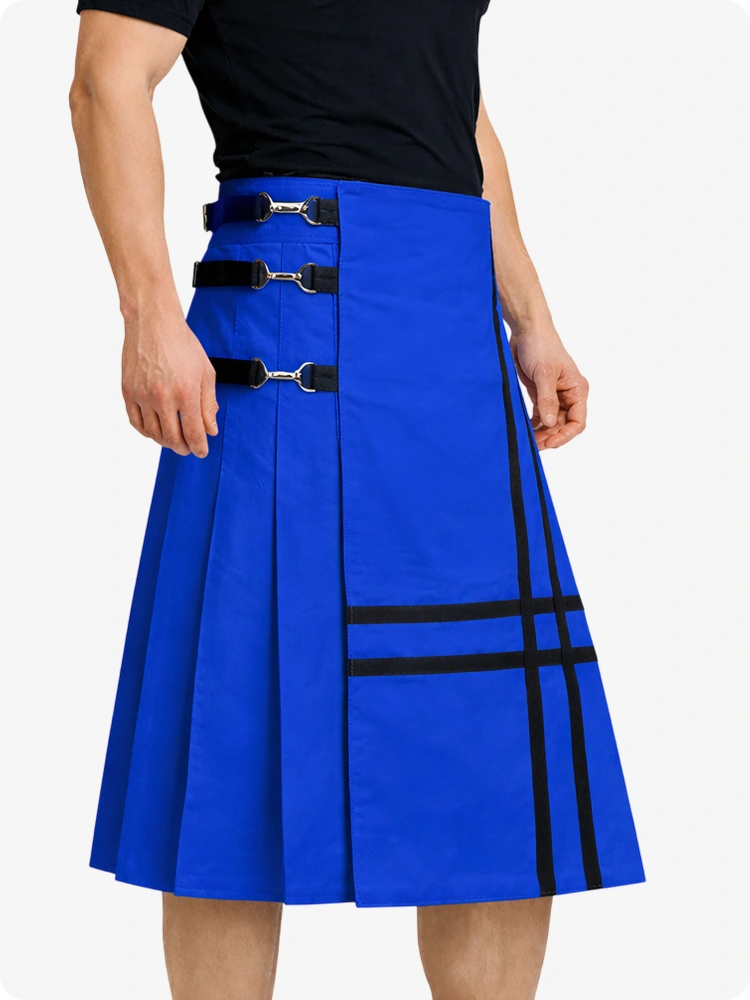 Royal Blue Leather Utility Kilt with Side Buckles & Pleated Back