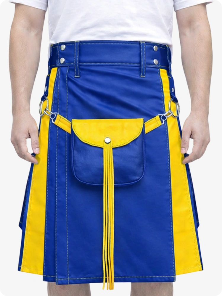 Royal Blue Leather Utility Kilt with Yellow Accents & Detachable Pockets