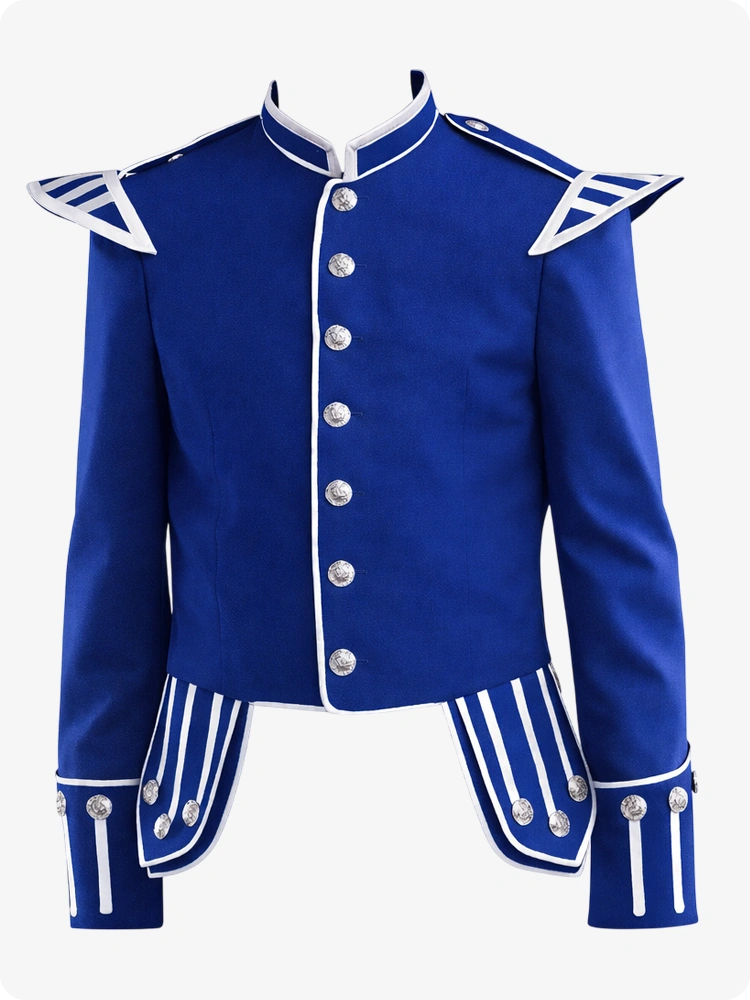 Royal Blue Scottish Military Doublet Jacket with Silver Trim & Epaulettes