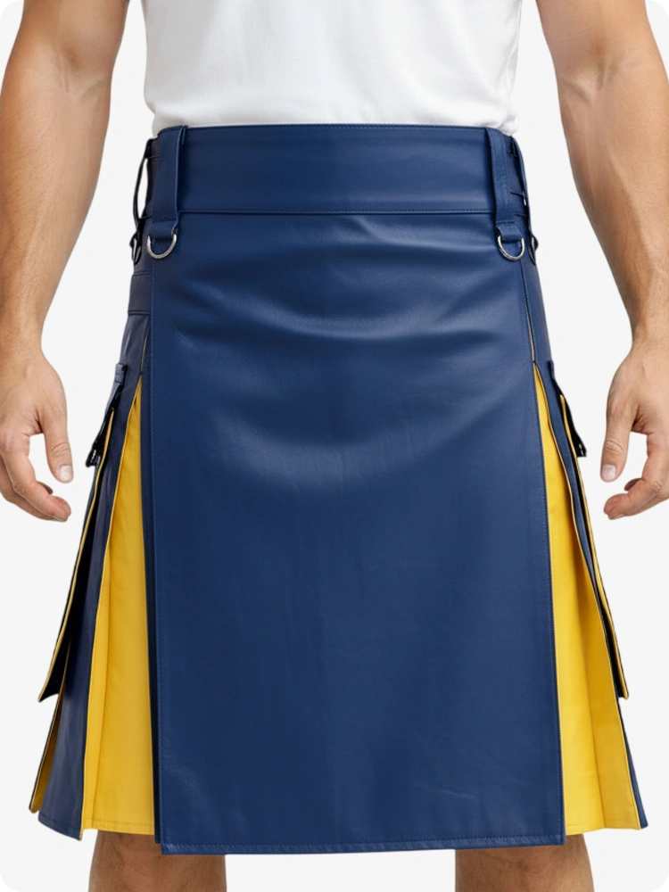 Kilt in pelle blu royal e giallo con tasche cargo