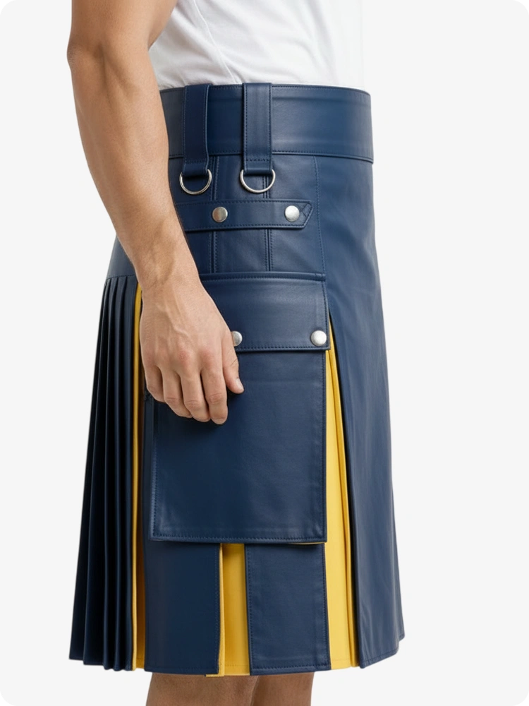 Kilt in pelle blu royal e giallo con tasche cargo