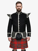 Man wearing a black doublet jacket with white trim and a royal stewart tartan kilt on a white background