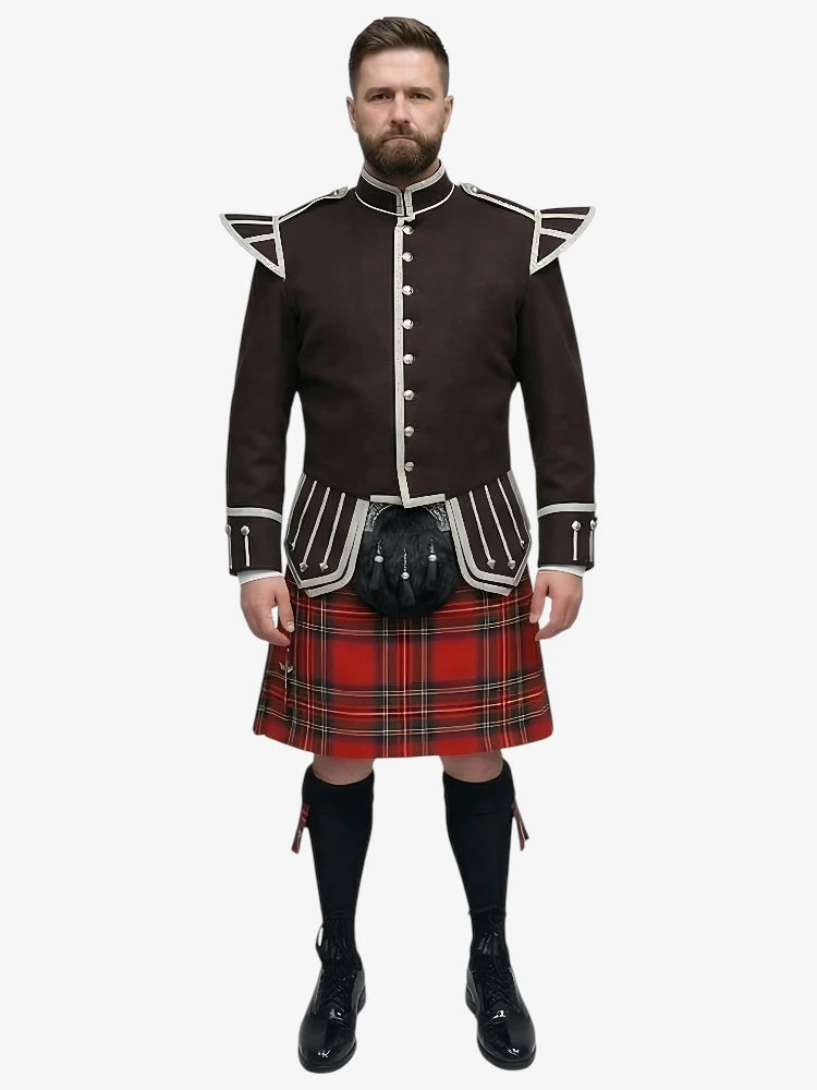Completo Kilt Doublet in Tartan Royal Stewart con Giacca Marrone Scuro
