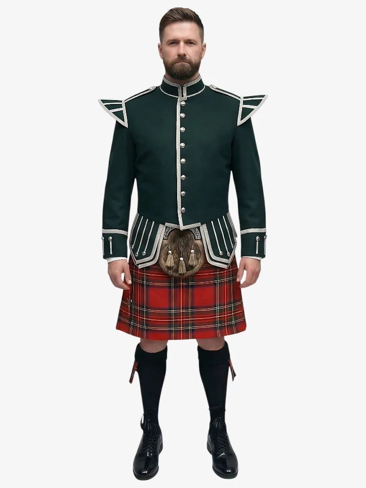 Completo Kilt Doublet Tartan Royal Stewart con Giacca Verde Scuro