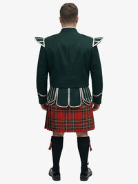 Person wearing a dark green doublet jacket and royal stewart tartan plaid kilt on a white background