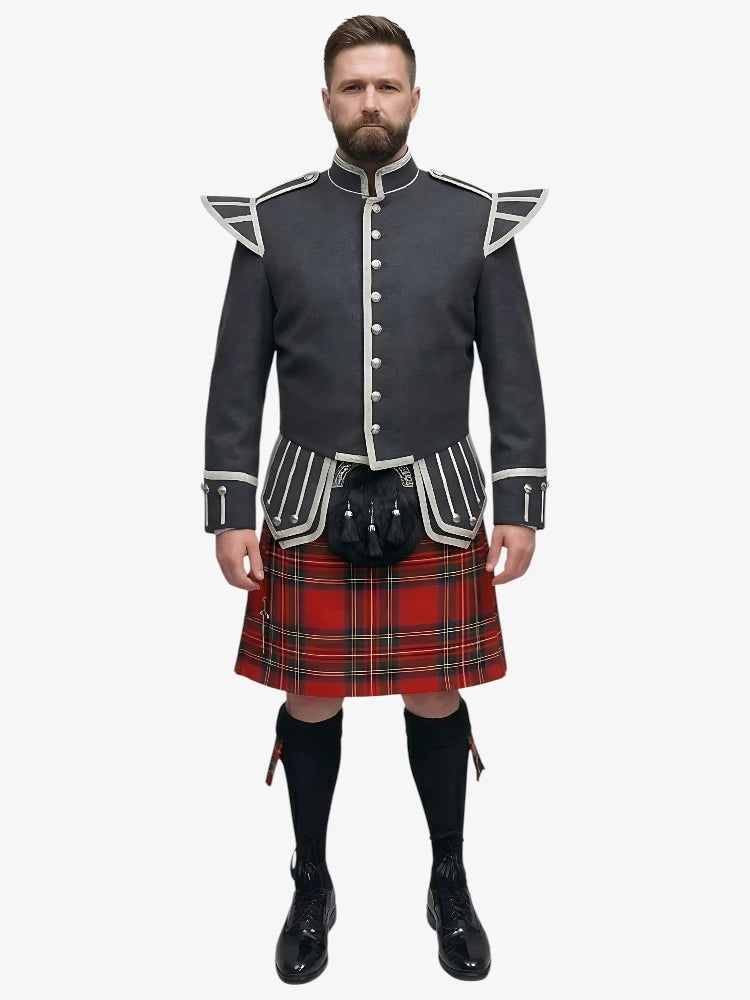 Completo Kilt Doublet in Tartan Royal Stewart con Giacca Grigio Scuro