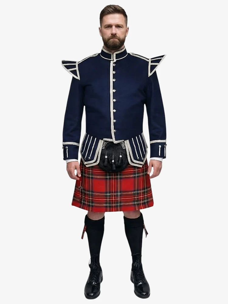 Completo Kilt Doublet in Tartan Royal Stewart con Giacca Blu Navy