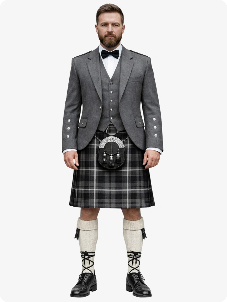 Scott Black and Grey Tartan Kilt With Grey Argyle Jacket Kilt Outfit