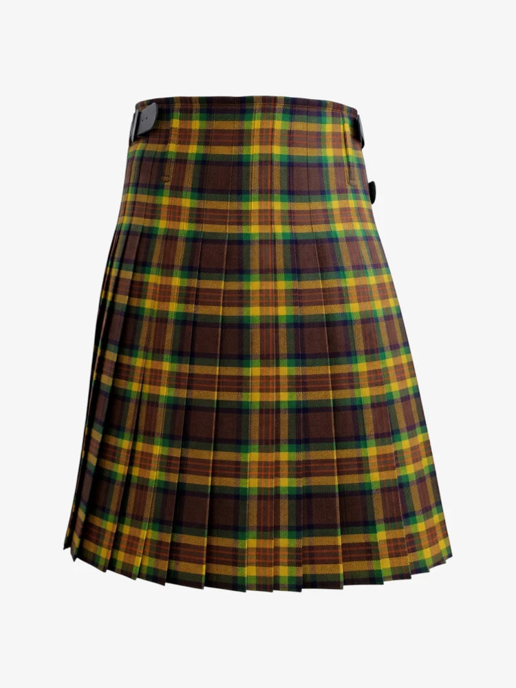 Plaid kilt with brown, yellow, and green pattern on a white background
