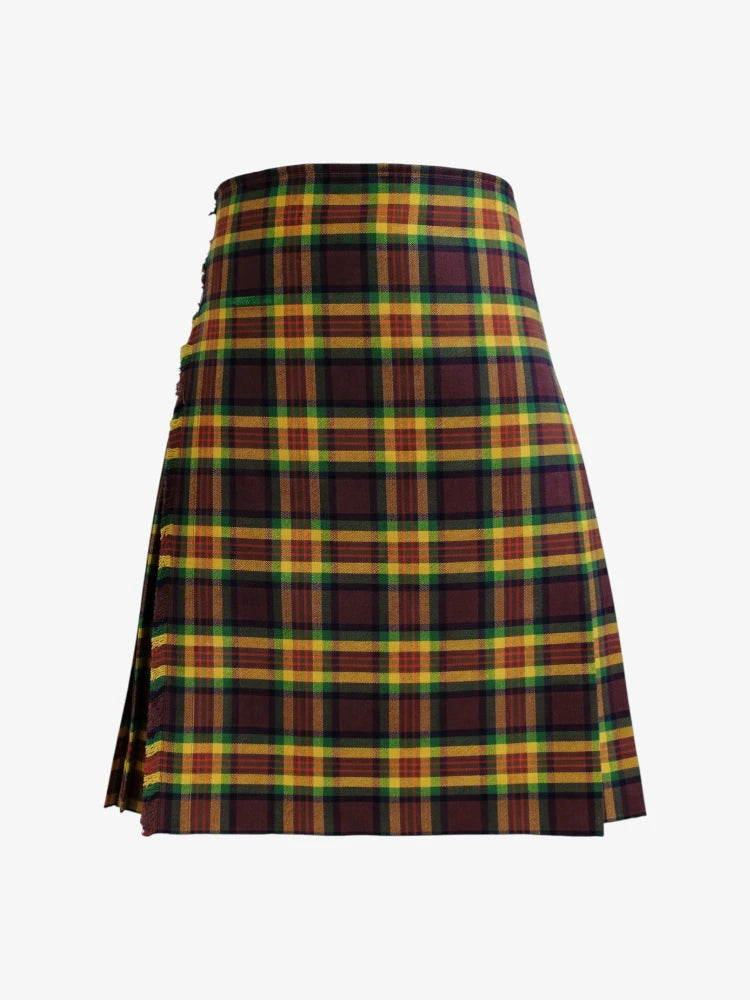 Plaid kilt with brown, yellow, and green pattern on a white background