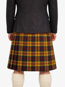 Person wearing a dark gray jacket and plaid kilt on a white background
