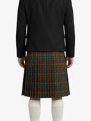 Person wearing a black jacket and red plaid kilt on a white background