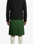 Person wearing a black jacket and green plaid kilt on a white background