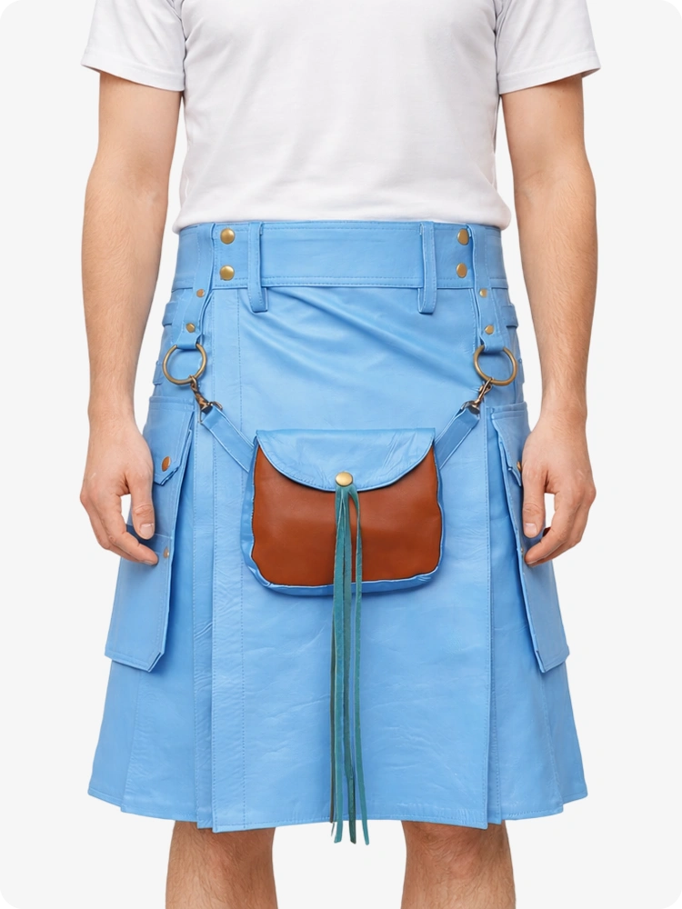 Sky Blue Cyan Leather Utility Kilt with Front Sporran
