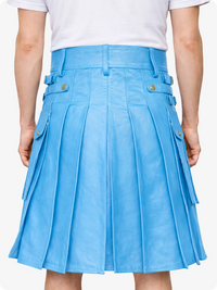 Sky blue cyan pleated skirt worn by a person on a white background