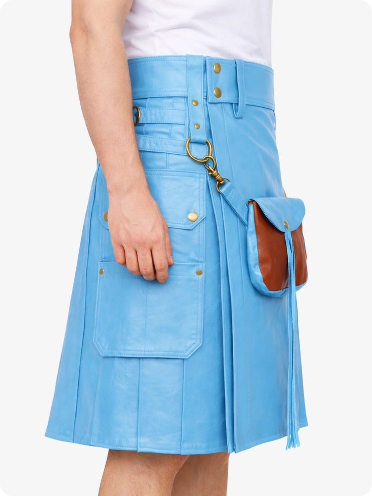 Sky Blue Cyan Leather Utility Kilt with Front Sporran