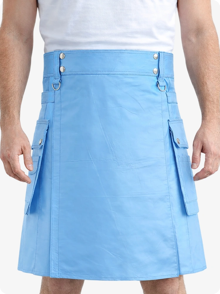 Sky Blue Genuine Leather Utility Kilt with Cargo Pockets & D-Rings