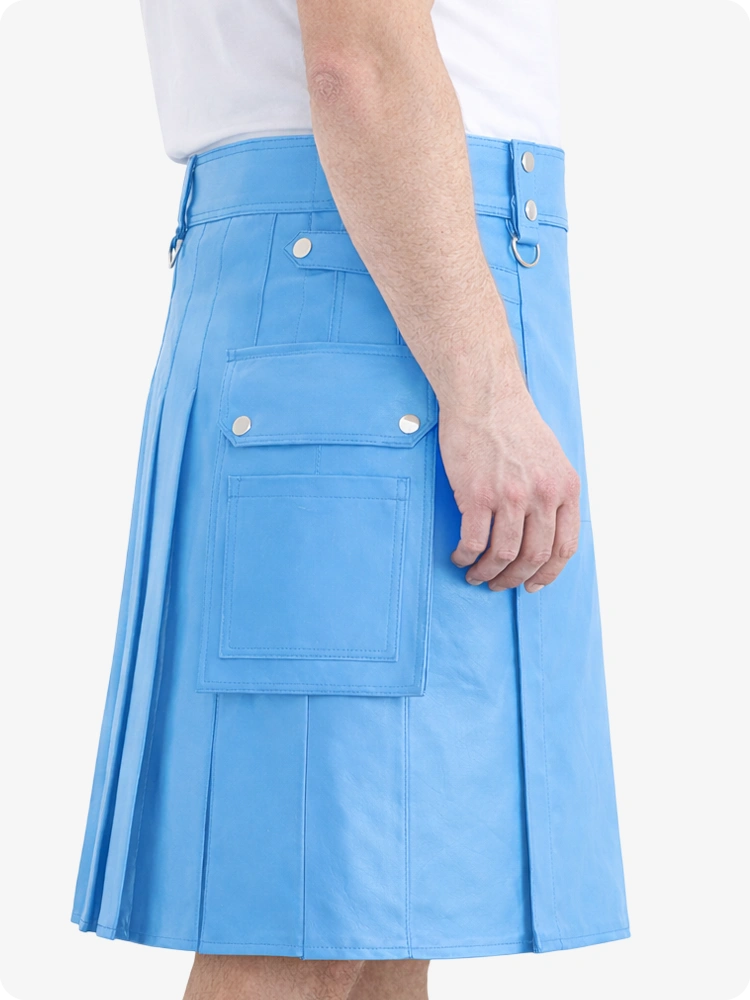 Sky Blue Genuine Leather Utility Kilt with Cargo Pockets & D-Rings