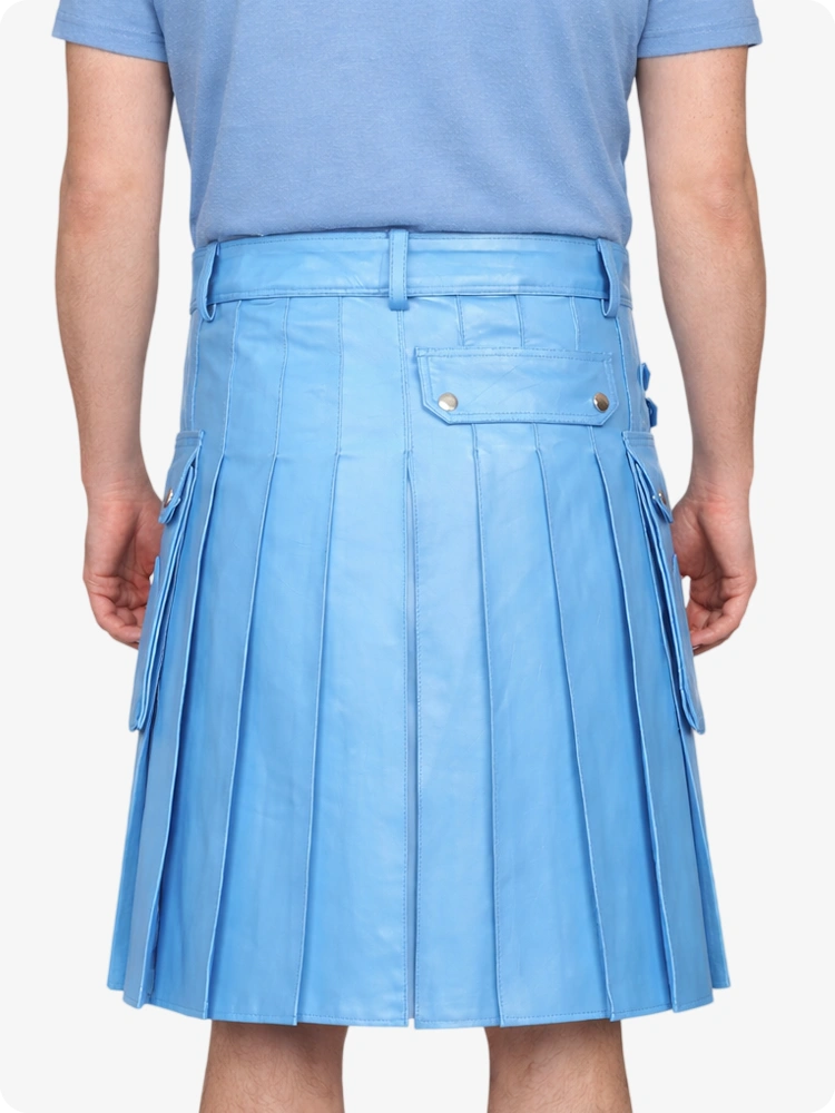Sky Blue Genuine Leather Utility Kilt with Side Pockets