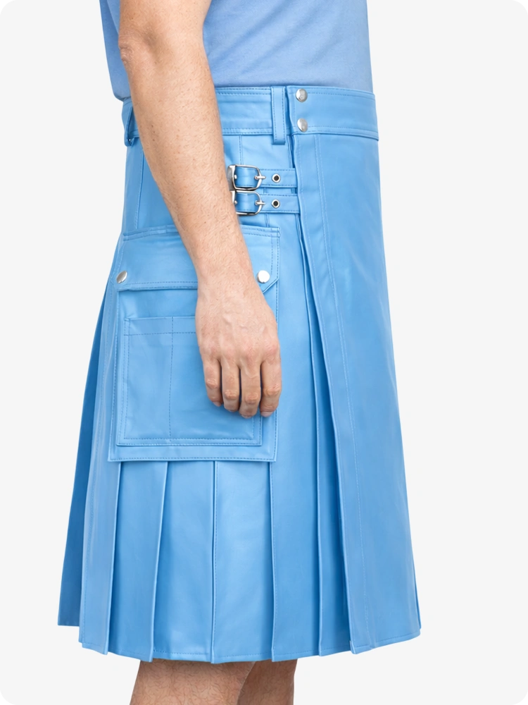 Sky Blue Genuine Leather Utility Kilt with Side Pockets