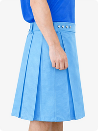 Sky blue pleated skirt with decorative buttons on a white background