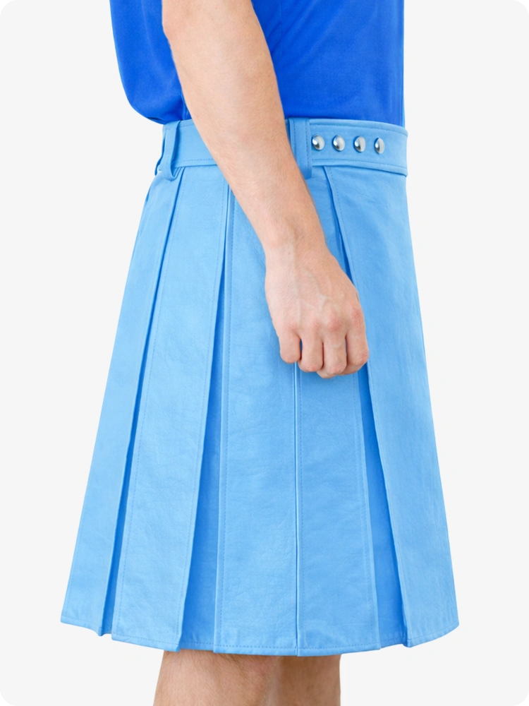 Sky blue pleated skirt with decorative buttons on a white background