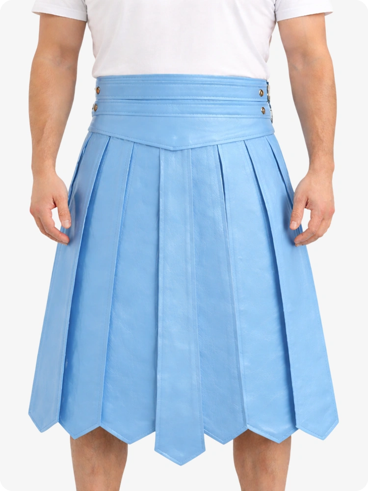 Sky blue pleated skirt worn by a person on a white background