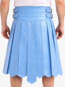 Sky blue pleated skirt with belt on a white background