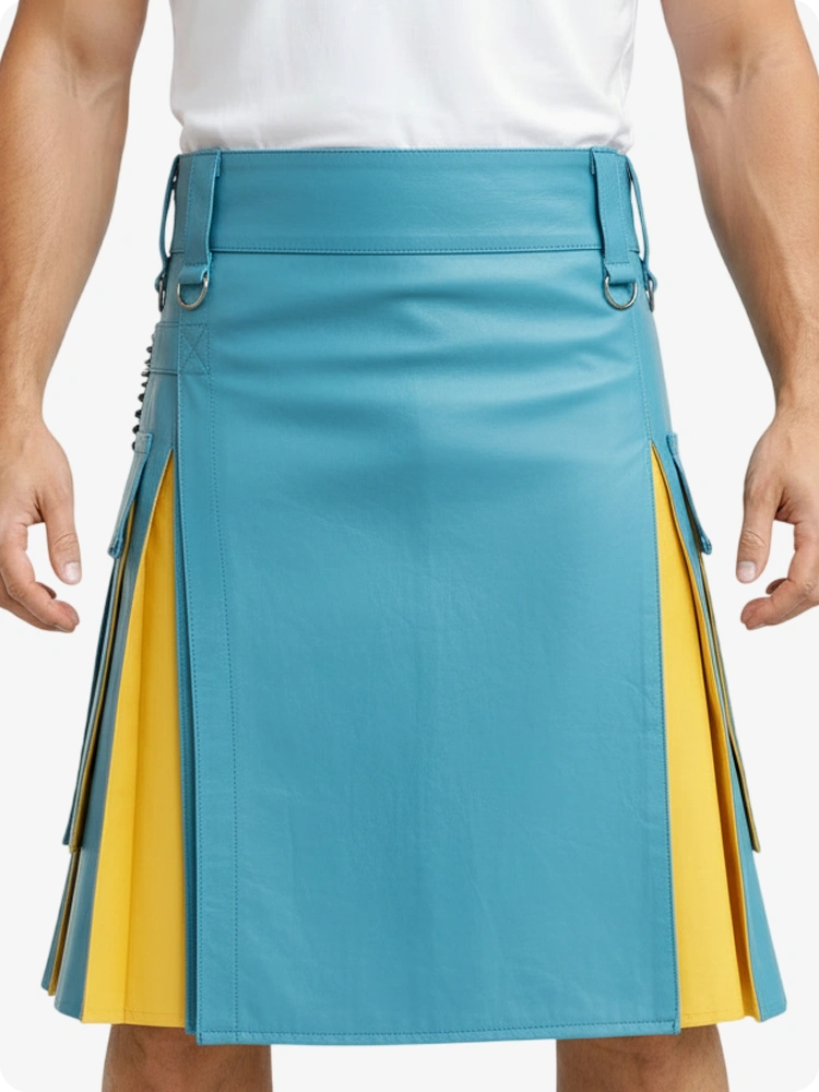 Kilt in pelle azzurro cielo e giallo con tasche cargo
