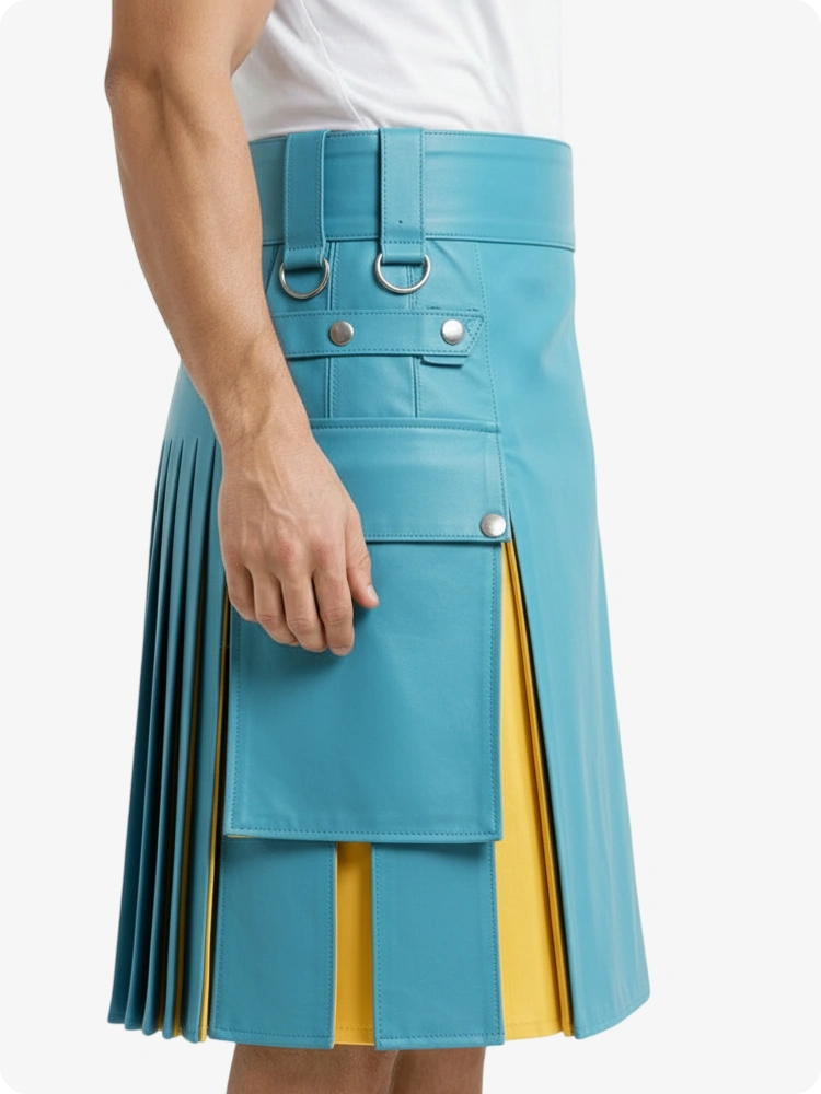 Kilt in pelle azzurro cielo e giallo con tasche cargo