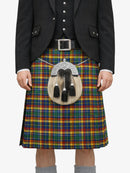 Person wearing a traditional Scottish kilt with a tartan pattern on a white background